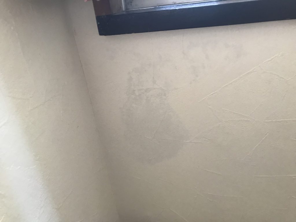 壁紙の内側から、ぼやけた黒いシミが透けて見えている様子